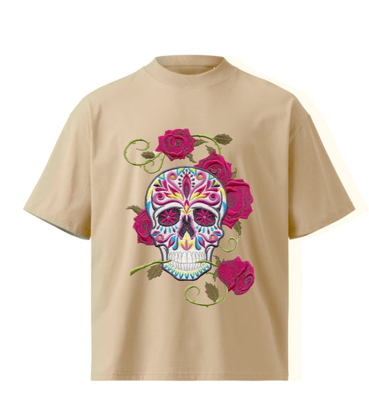 skULL flower  embroidery design Premium Oversized T-Shirt