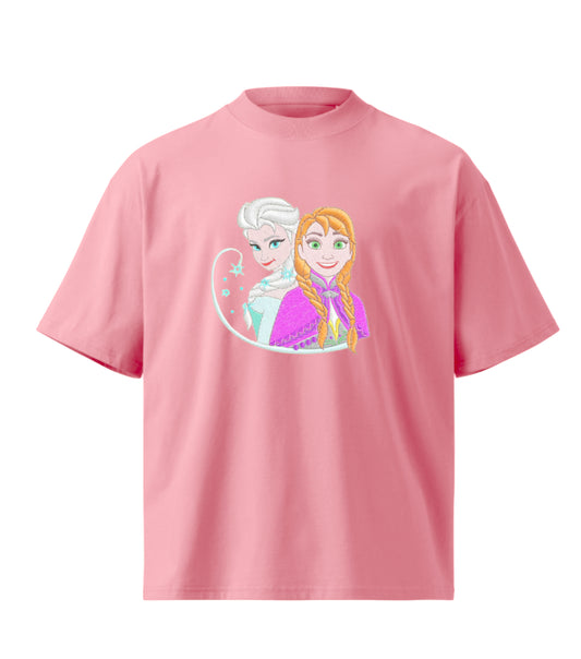 Elsa and Anna Embroidery Design Frozen Embroidery Design  Premium Oversized T-Shirt