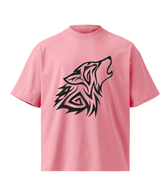 Wolf howling  tribal  embroidery design Premium Oversized T-Shirt