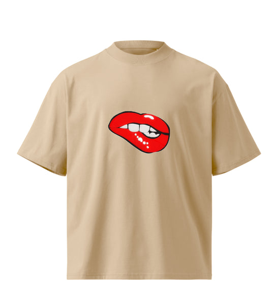 Kissing lip  embroidery design Premium Oversized T-Shirt