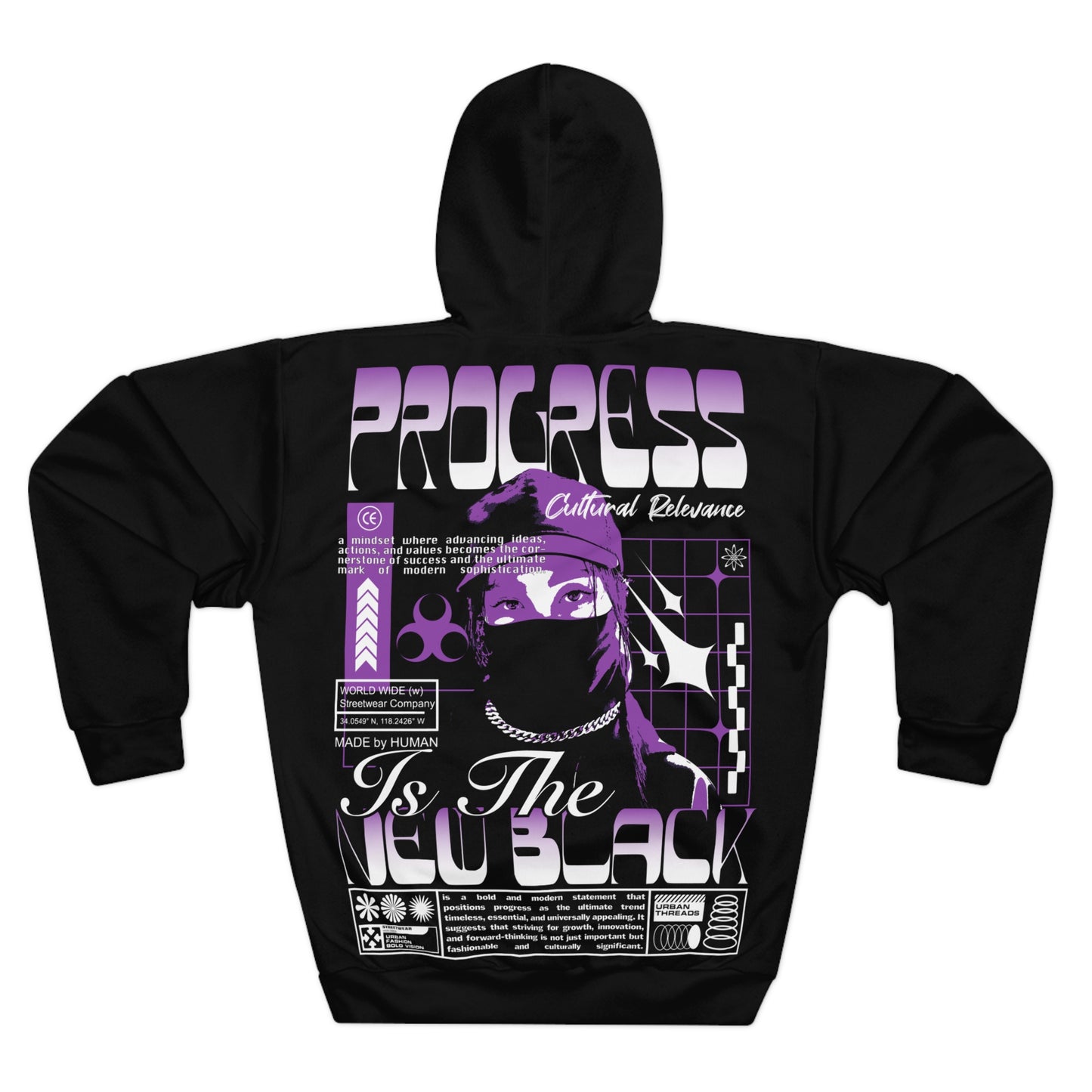 Hoodie with a purple and white graphic print on the back.