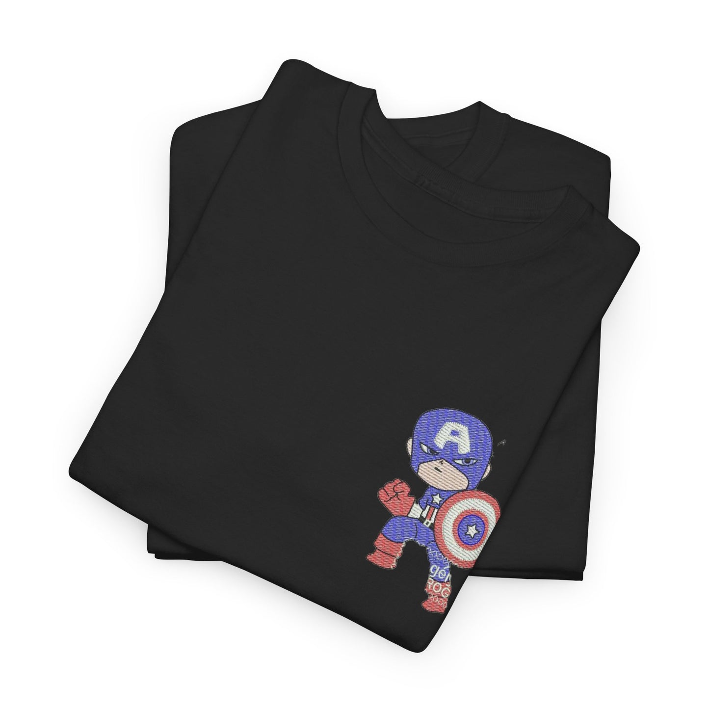 Premium Black Cotton T-Shirt with Mini Embroidered Cartoon Hero Design