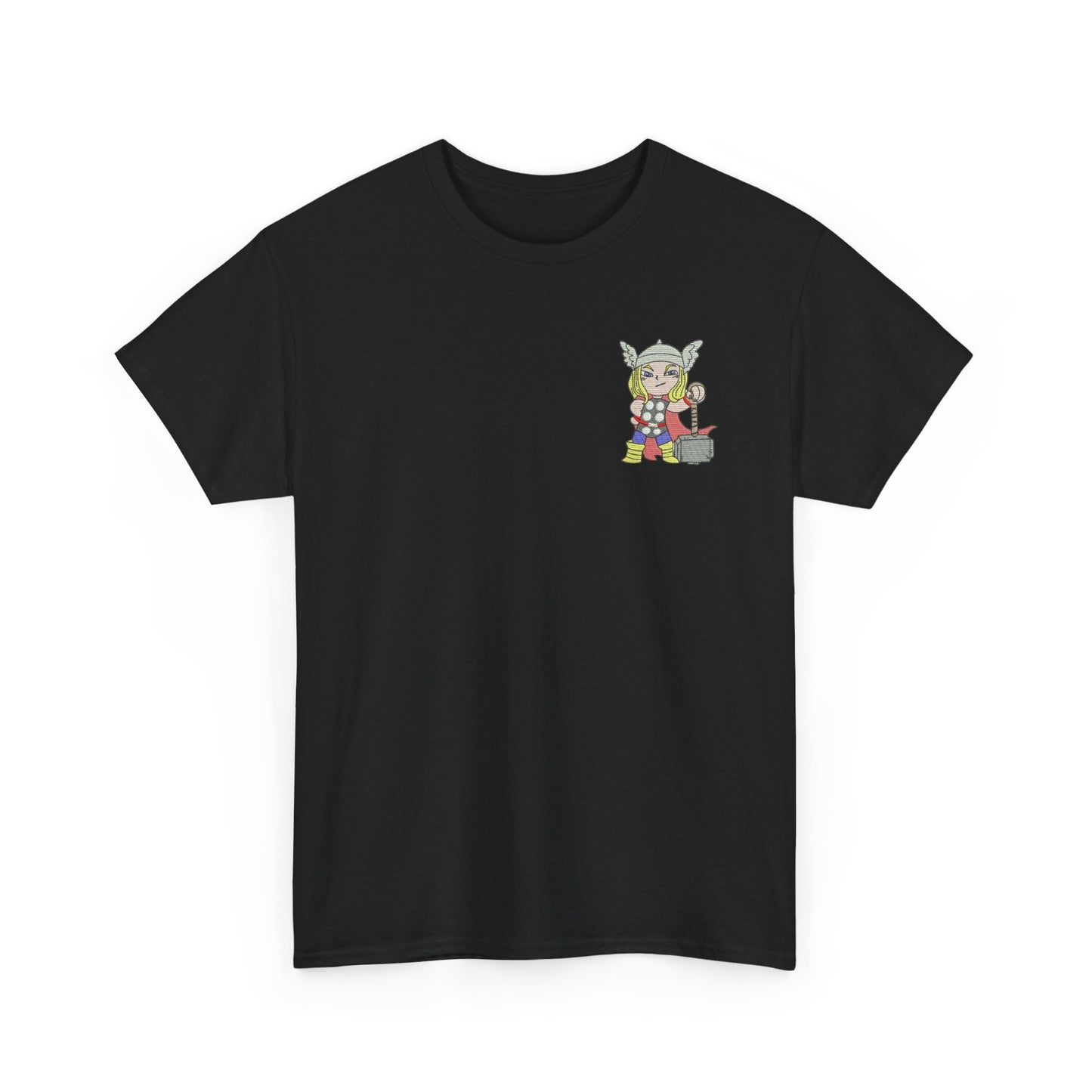 Premium Black Cotton T-Shirt with Mini Embroidered Cartoon Hero Design