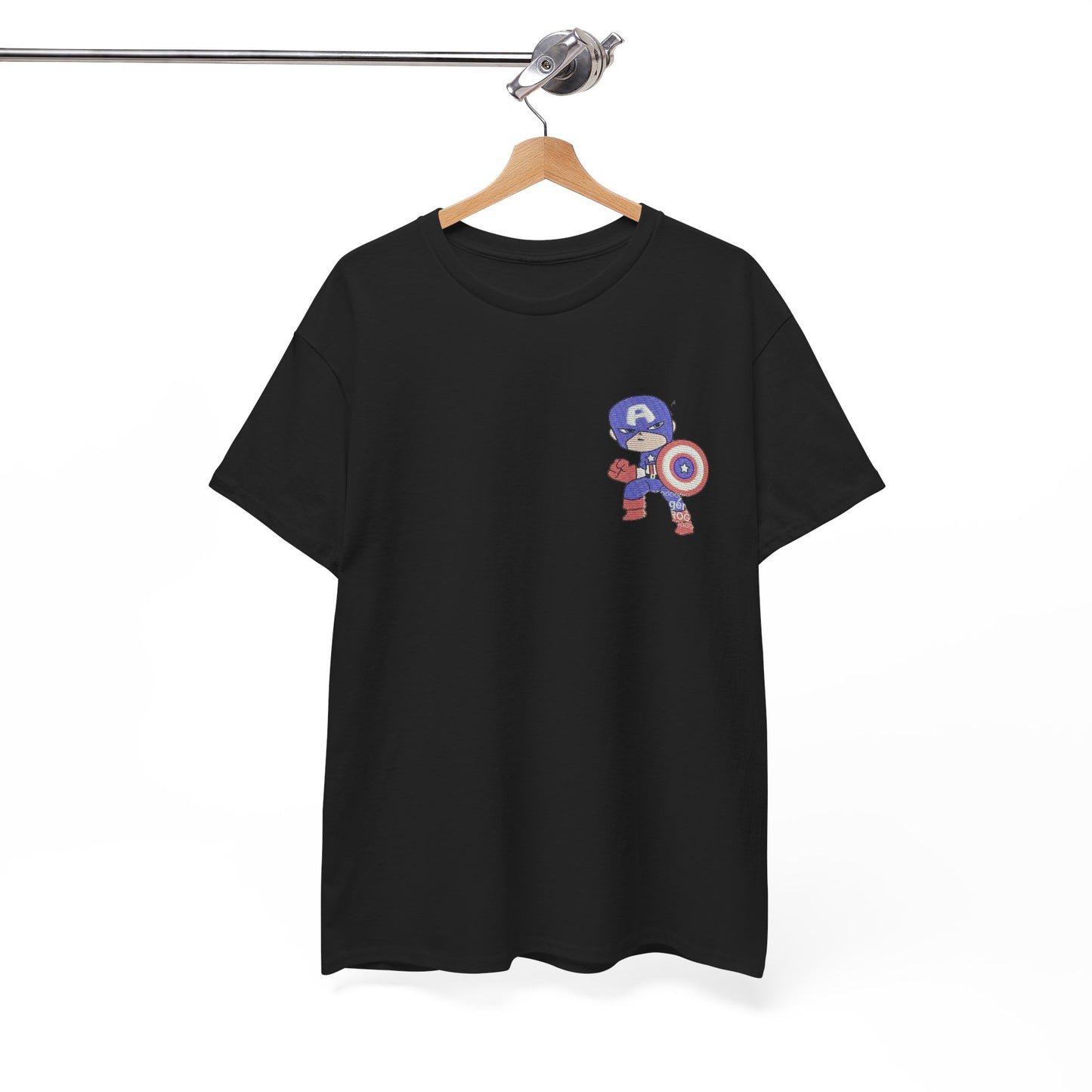 Premium Black Cotton T-Shirt with Mini Embroidered Cartoon Hero Design