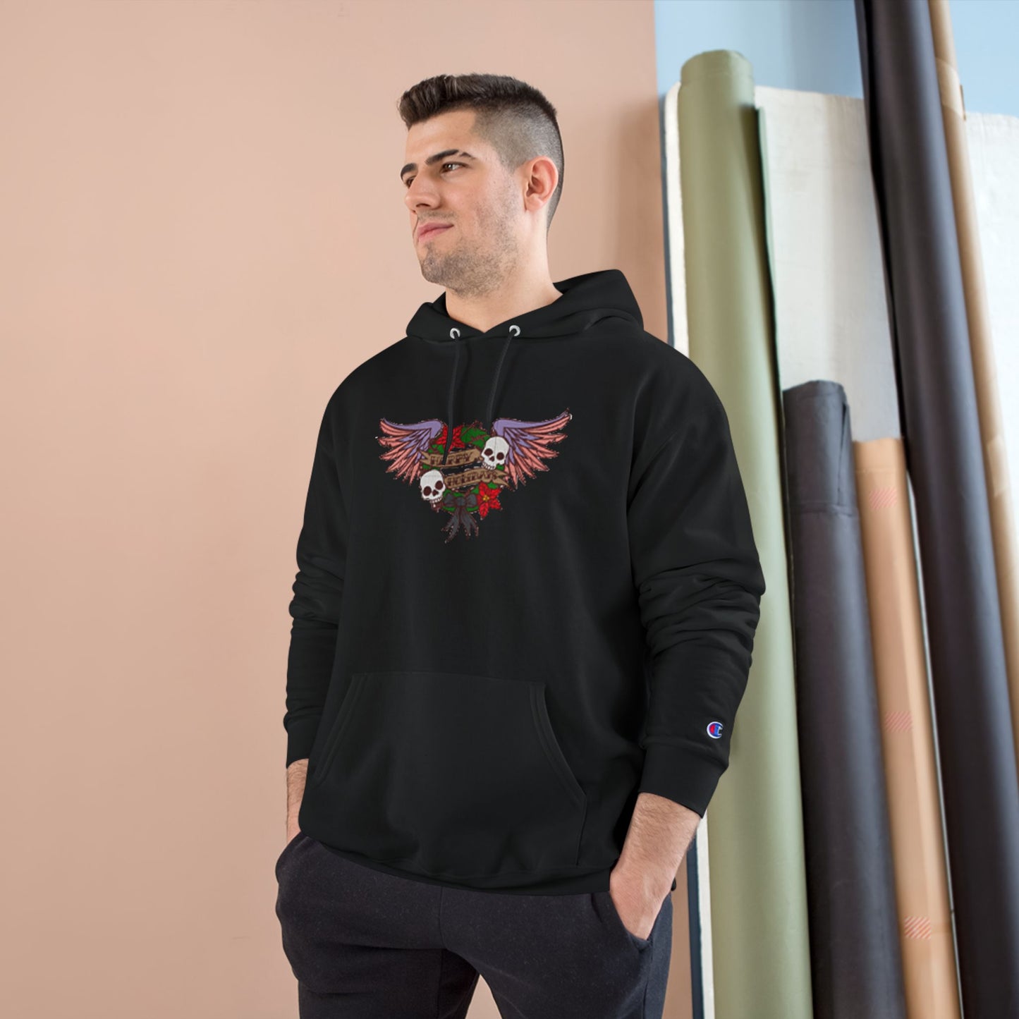 Happy Holidays Skulls and Wings Embroidered hoodie
