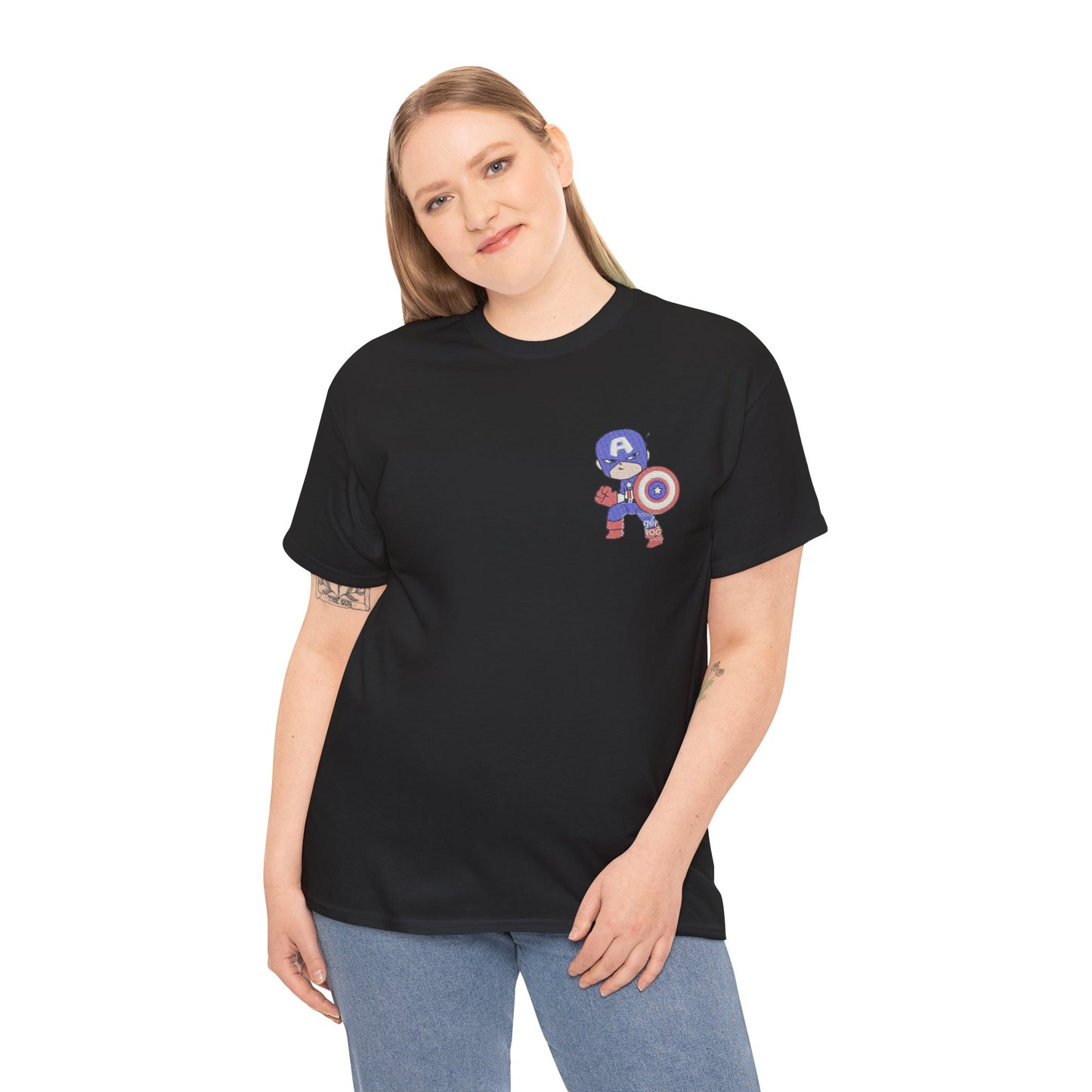 Premium Black Cotton T-Shirt with Mini Embroidered Cartoon Hero Design