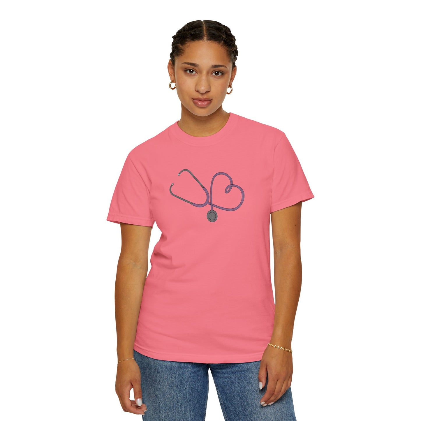 Yellow Embroidered Stethoscope Heart Design Cotton T-Shirt