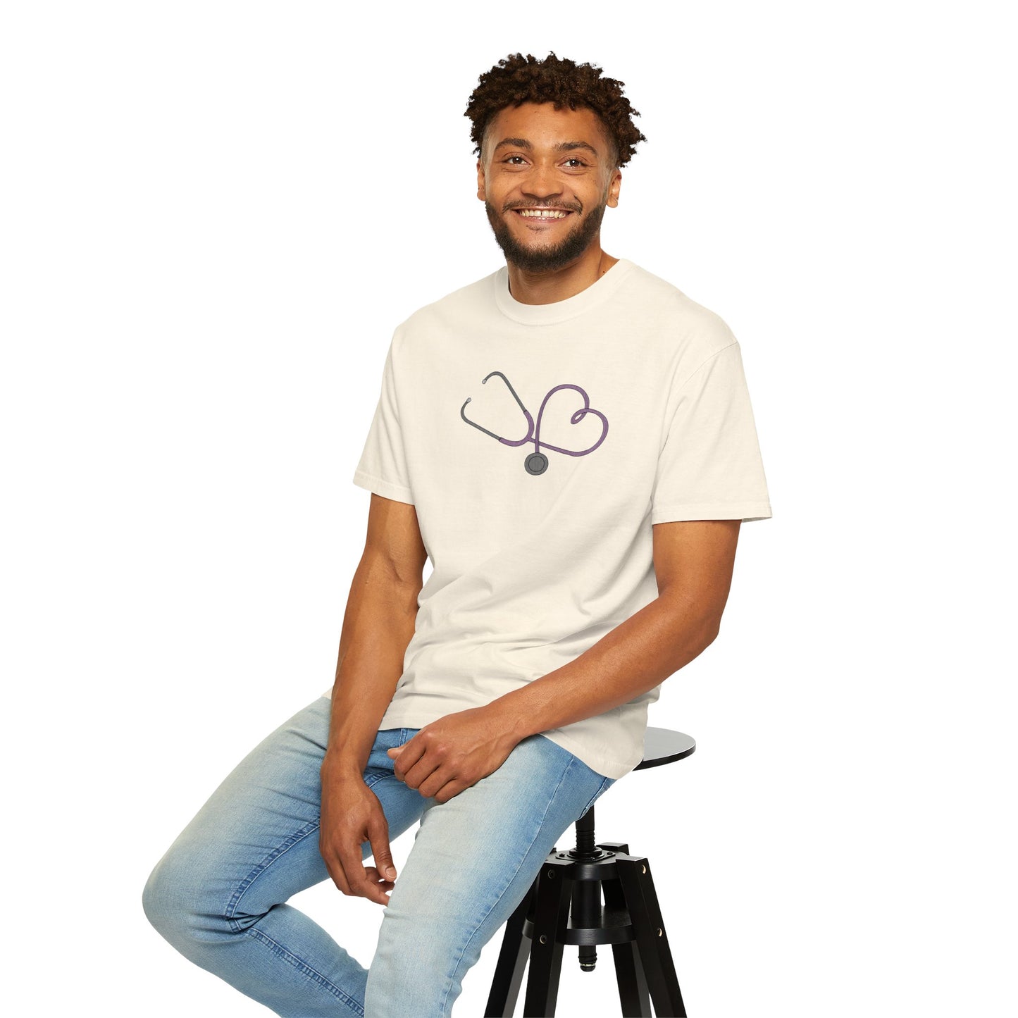 Yellow Embroidered Stethoscope Heart Design Cotton T-Shirt