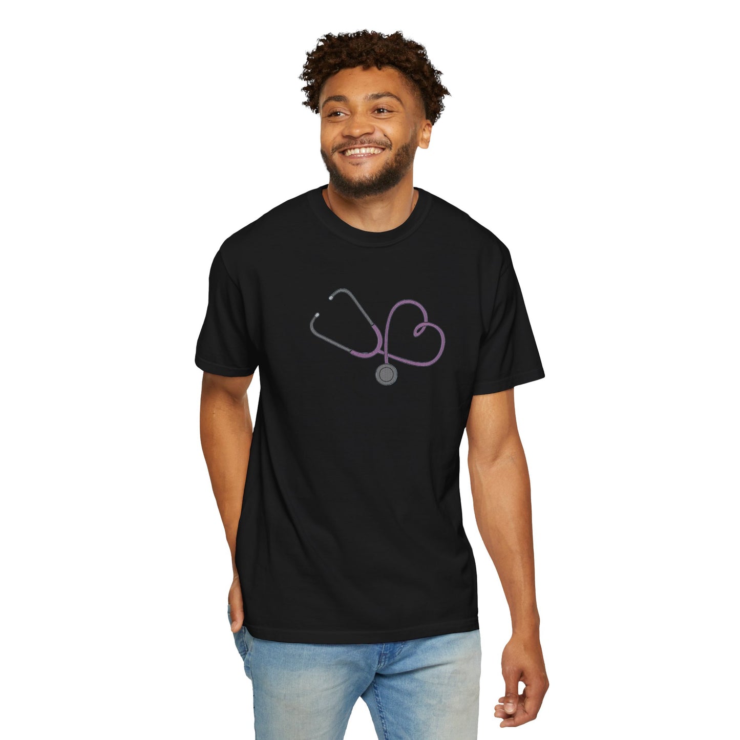 Yellow Embroidered Stethoscope Heart Design Cotton T-Shirt
