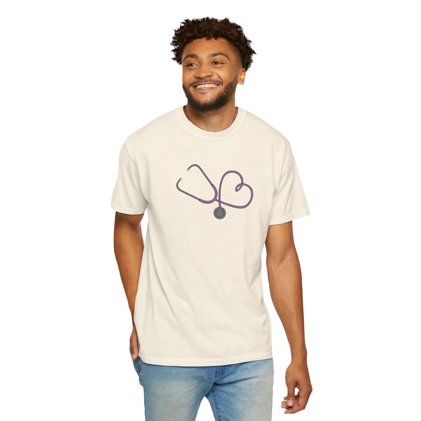 Yellow Embroidered Stethoscope Heart Design Cotton T-Shirt