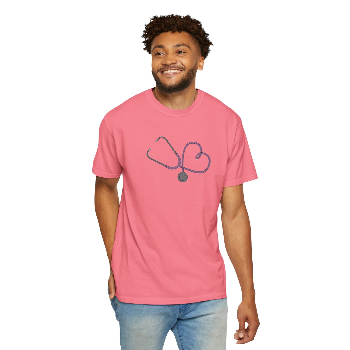 Yellow Embroidered Stethoscope Heart Design Cotton T-Shirt