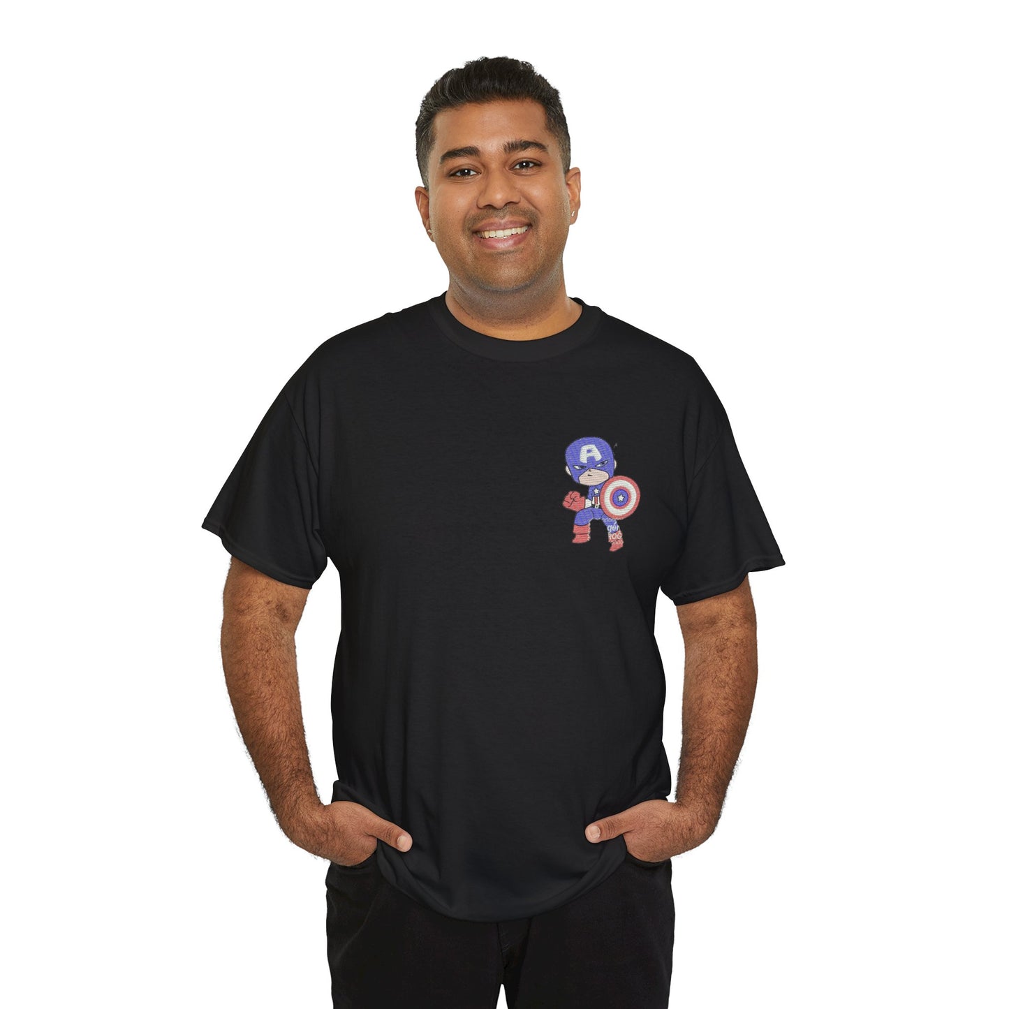 Premium Black Cotton T-Shirt with Mini Embroidered Cartoon Hero Design