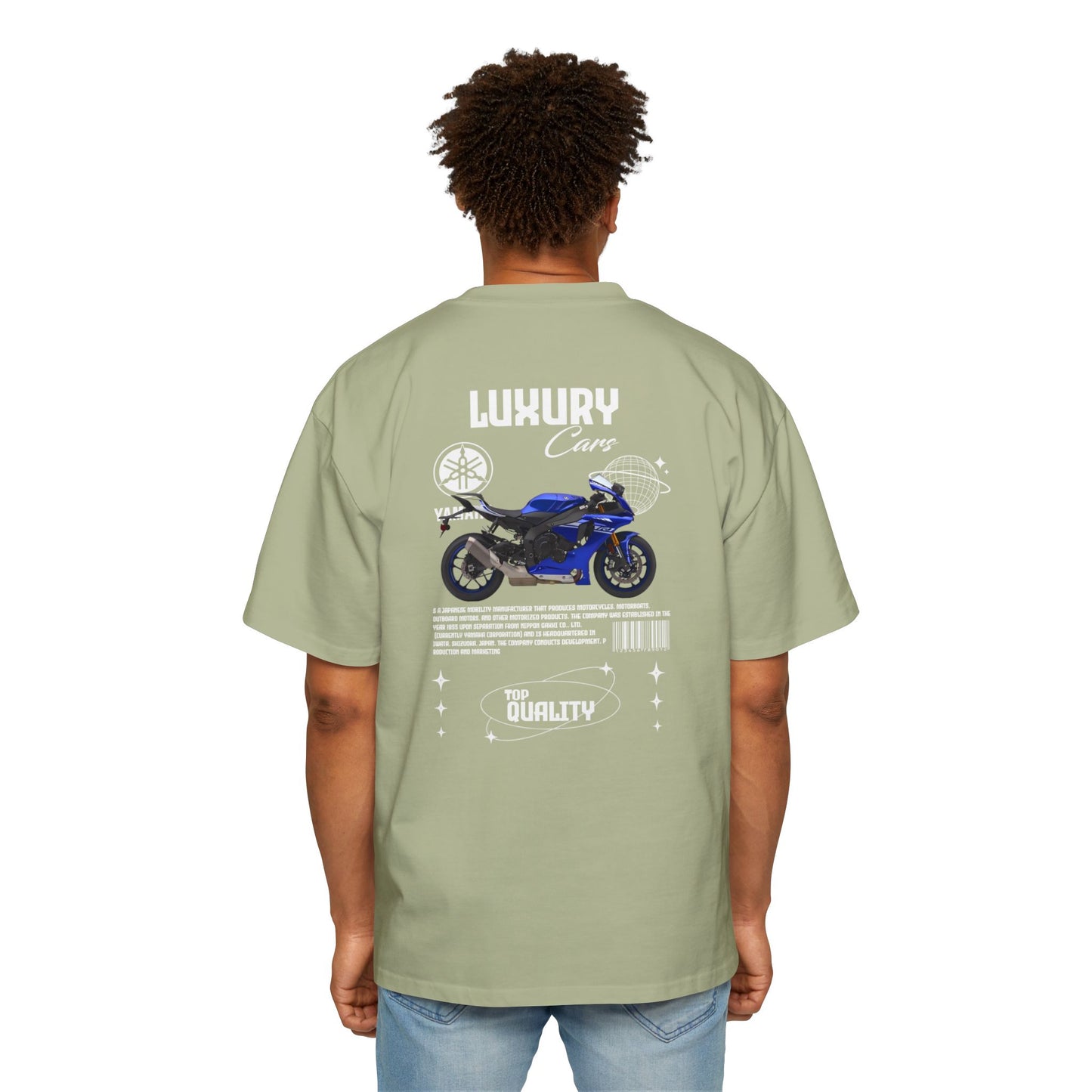 Blue Yamaha motorcycle "LUXURY Cars" and "TOP QUALITY Oversized T-Shirt