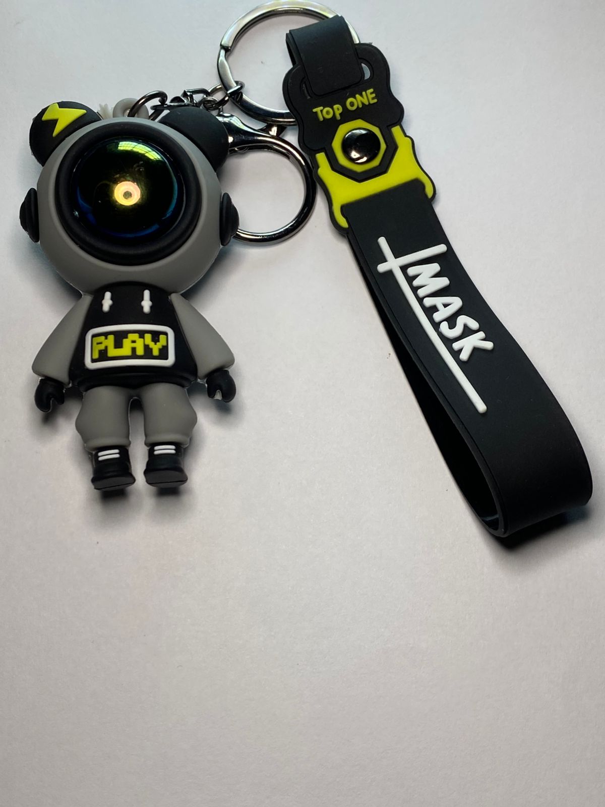 Futuristic 3D Robot Astronaut Keychain with Iridescent Lens & "MASK" Strap