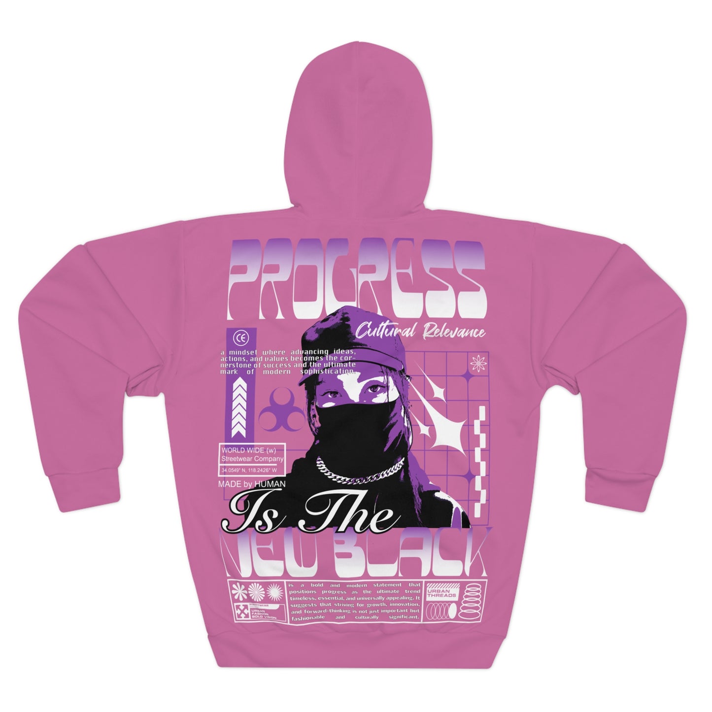 Hoodie with a purple and white graphic print on the back.