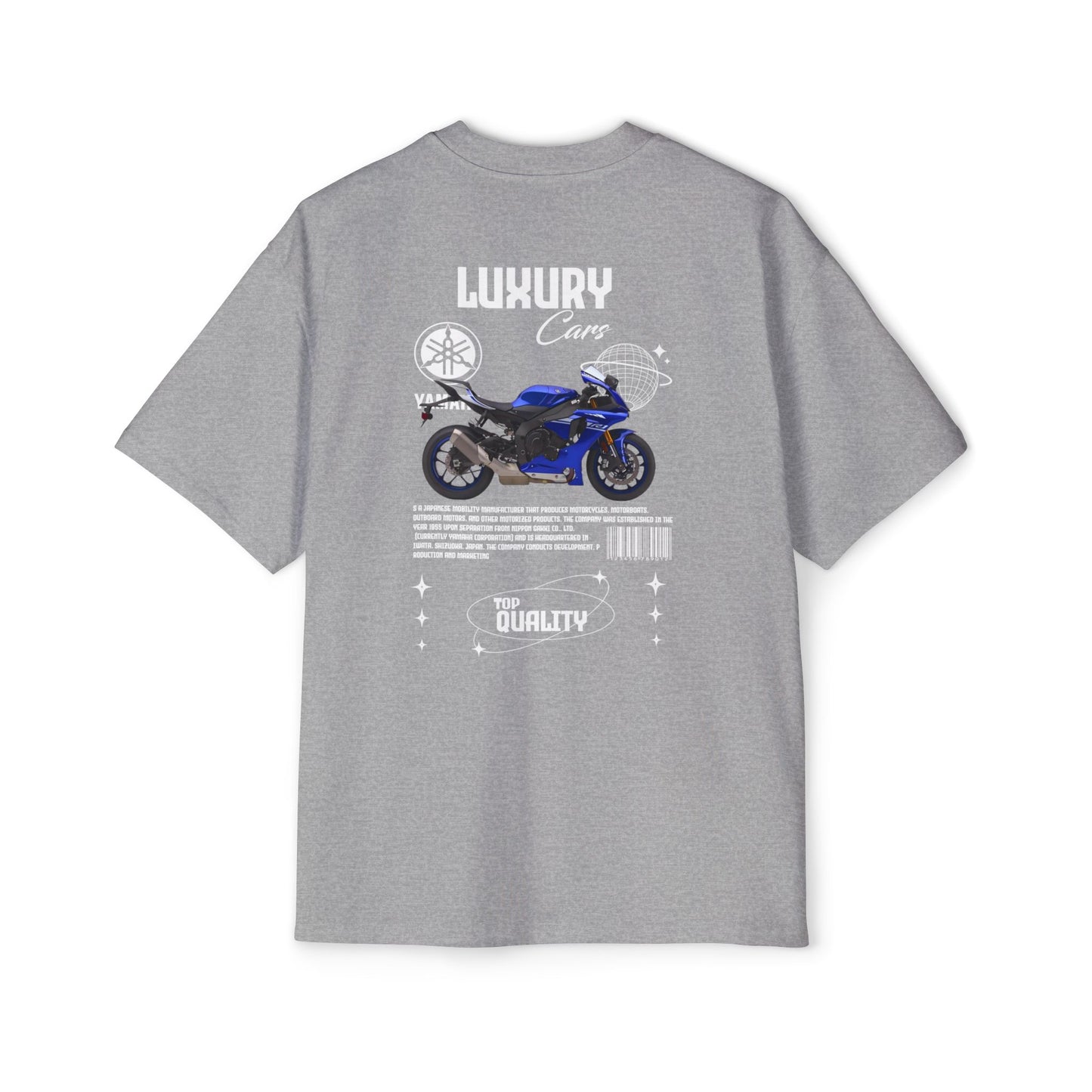 Blue Yamaha motorcycle "LUXURY Cars" and "TOP QUALITY Oversized T-Shirt