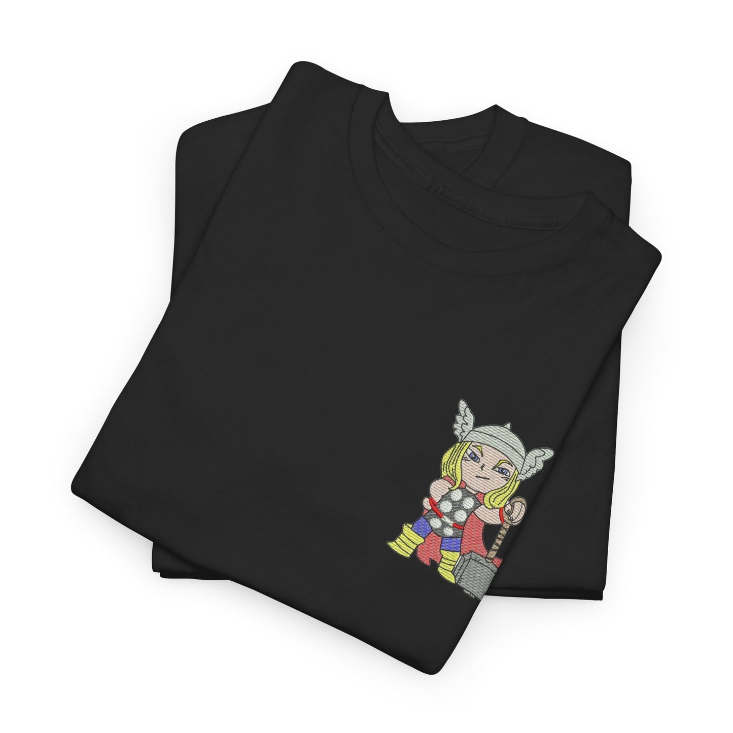 Premium Black Cotton T-Shirt with Mini Embroidered Cartoon Hero Design