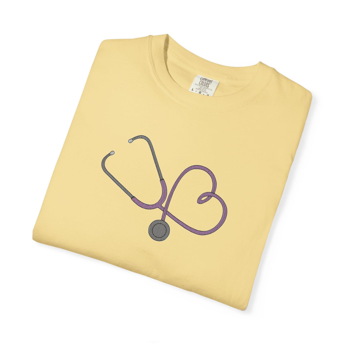 Yellow Embroidered Stethoscope Heart Design Cotton T-Shirt