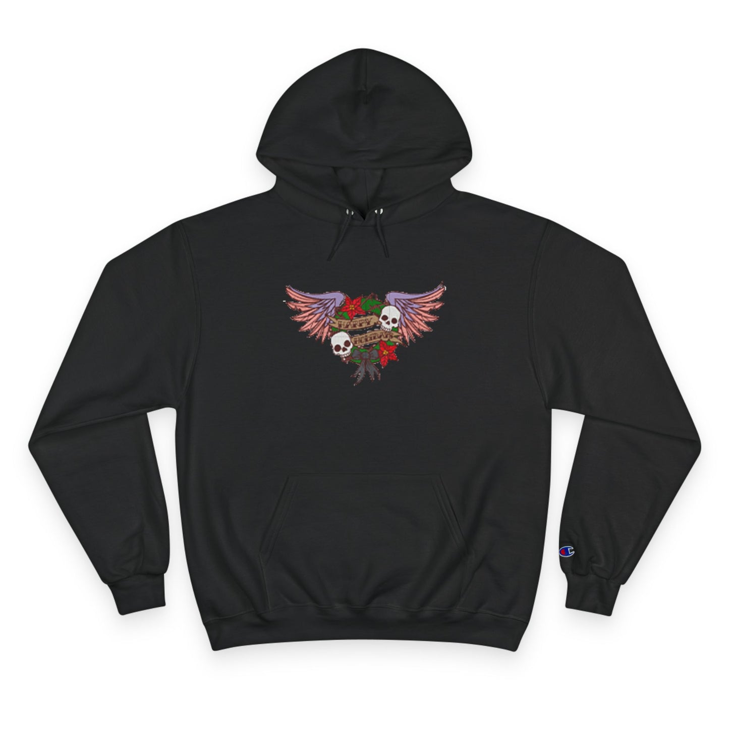 Happy Holidays Skulls and Wings Embroidered hoodie