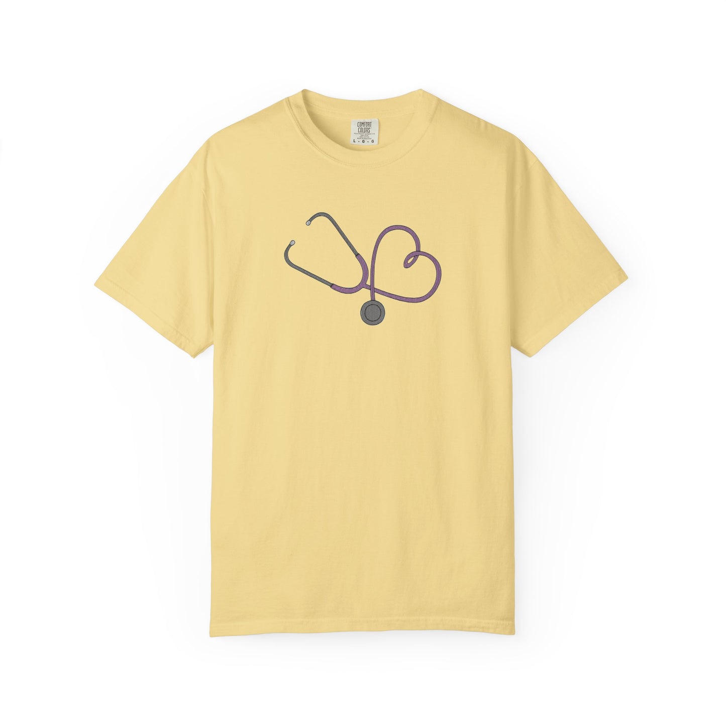 Yellow Embroidered Stethoscope Heart Design Cotton T-Shirt