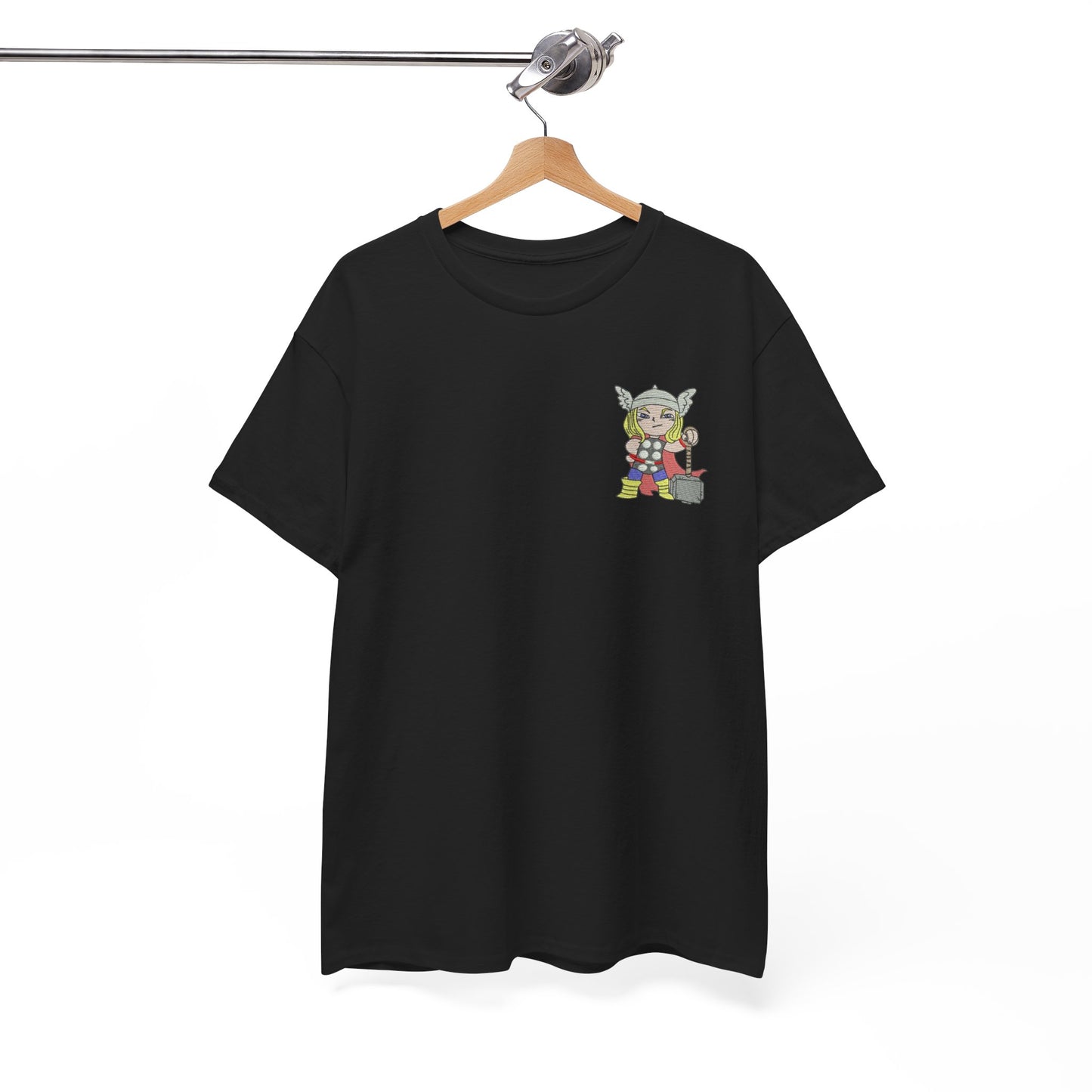 Premium Black Cotton T-Shirt with Mini Embroidered Cartoon Hero Design
