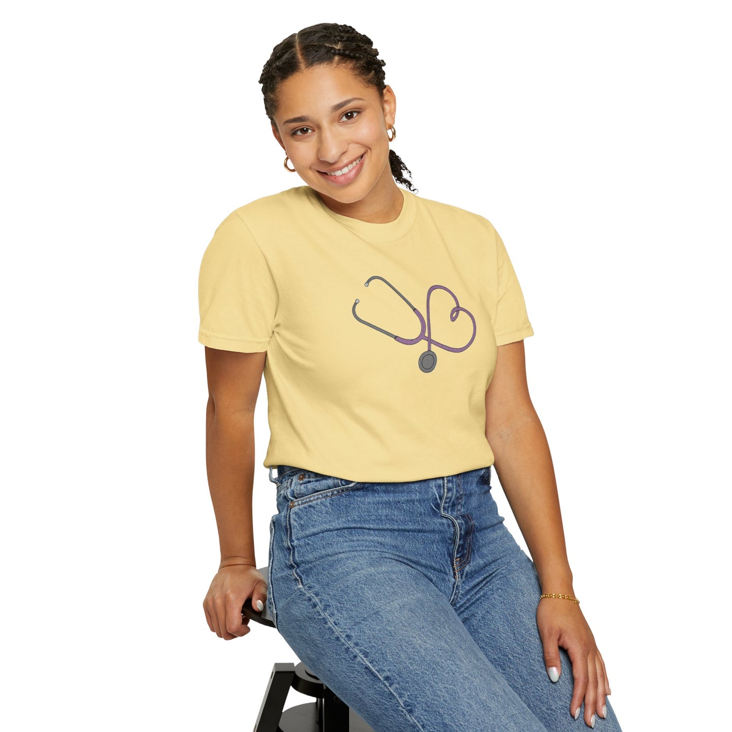 Yellow Embroidered Stethoscope Heart Design Cotton T-Shirt