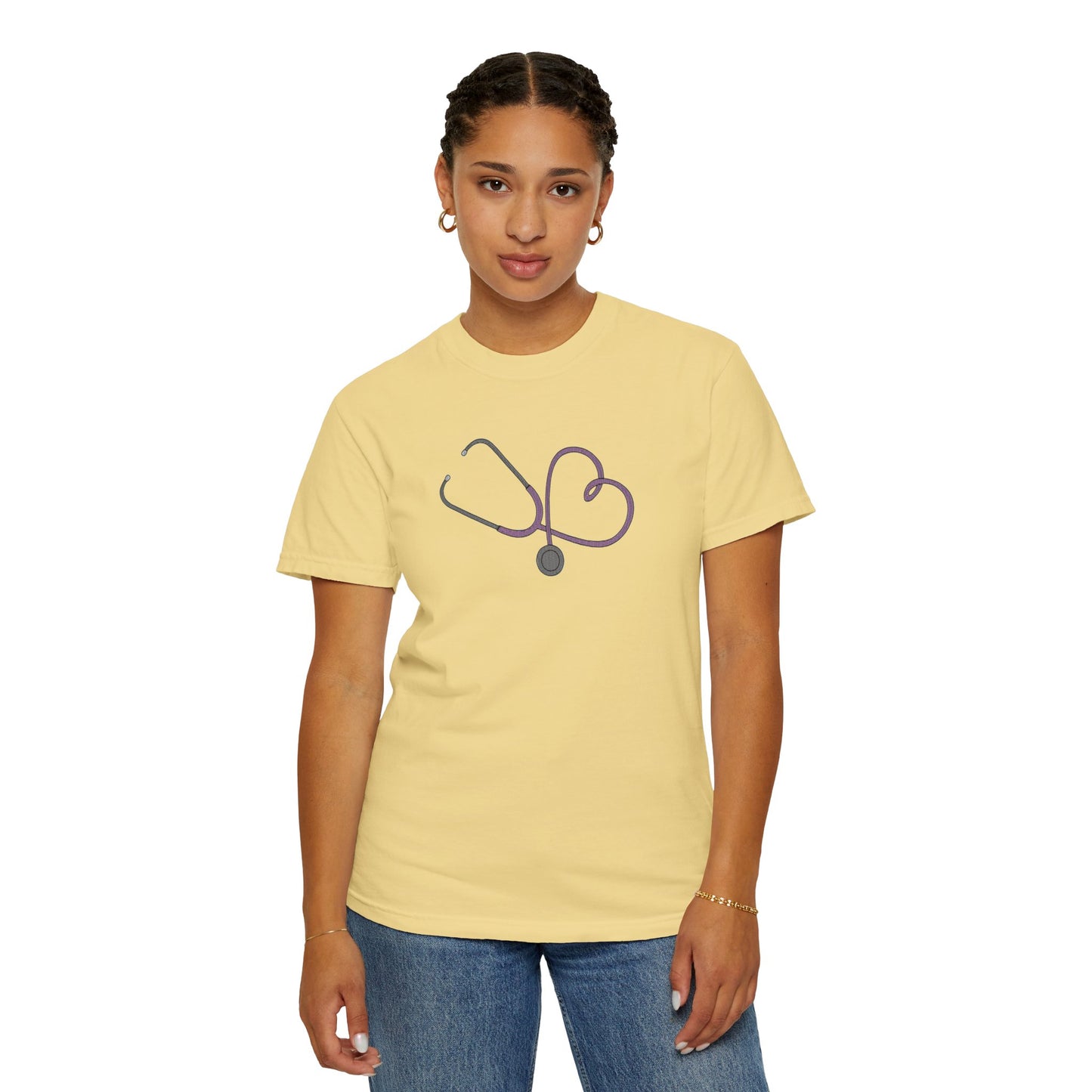 Yellow Embroidered Stethoscope Heart Design Cotton T-Shirt