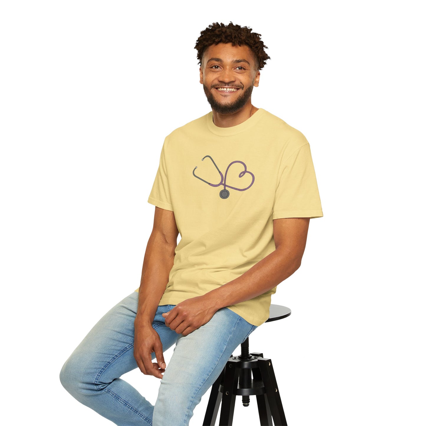 Yellow Embroidered Stethoscope Heart Design Cotton T-Shirt