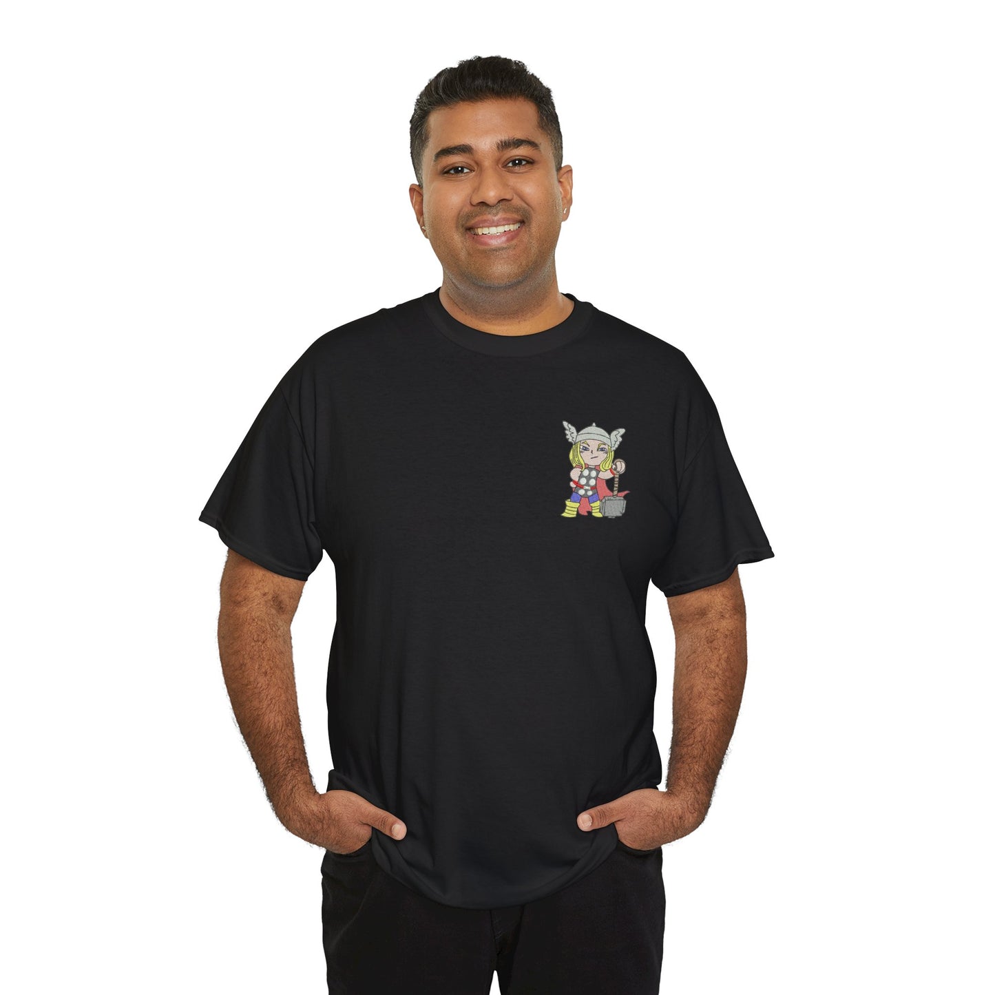 Premium Black Cotton T-Shirt with Mini Embroidered Cartoon Hero Design