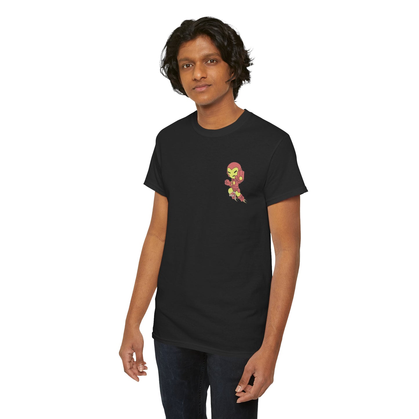 Premium Black Cotton T-Shirt with Mini Embroidered Cartoon Hero Design