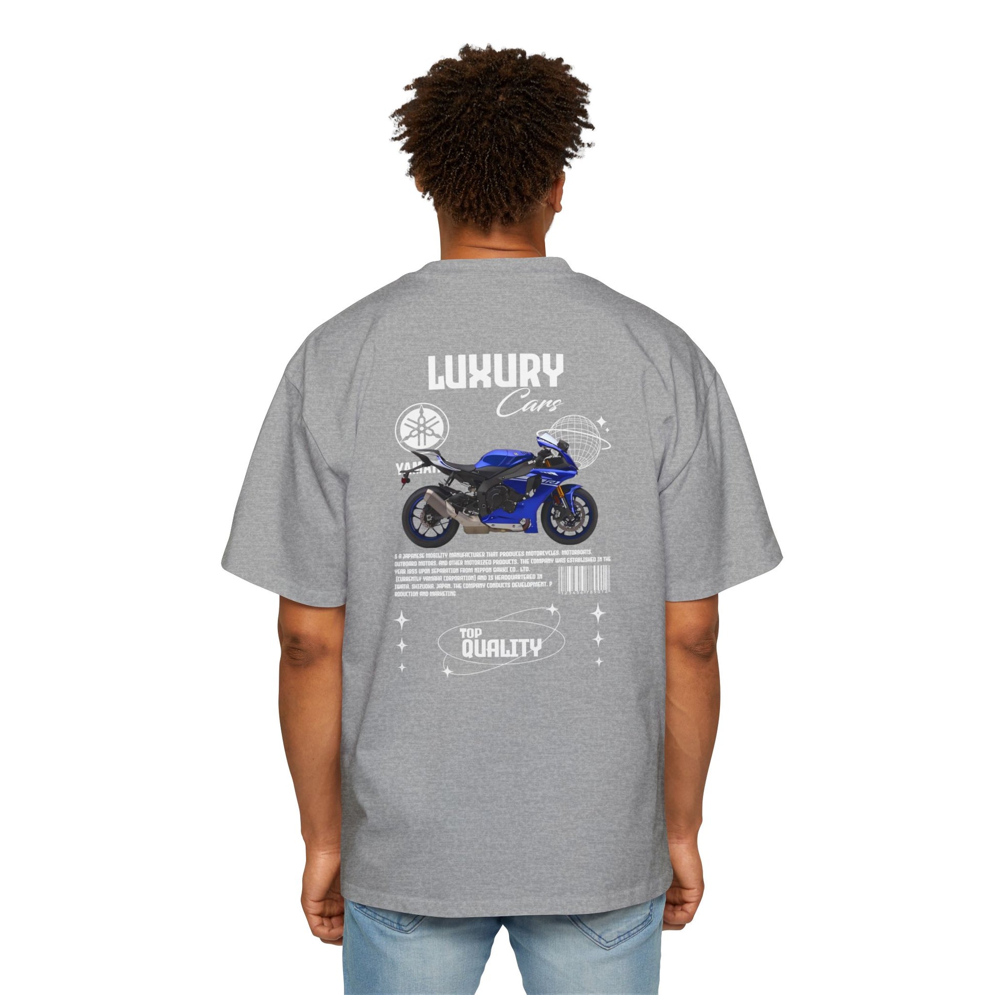Blue Yamaha motorcycle "LUXURY Cars" and "TOP QUALITY Oversized T-Shirt