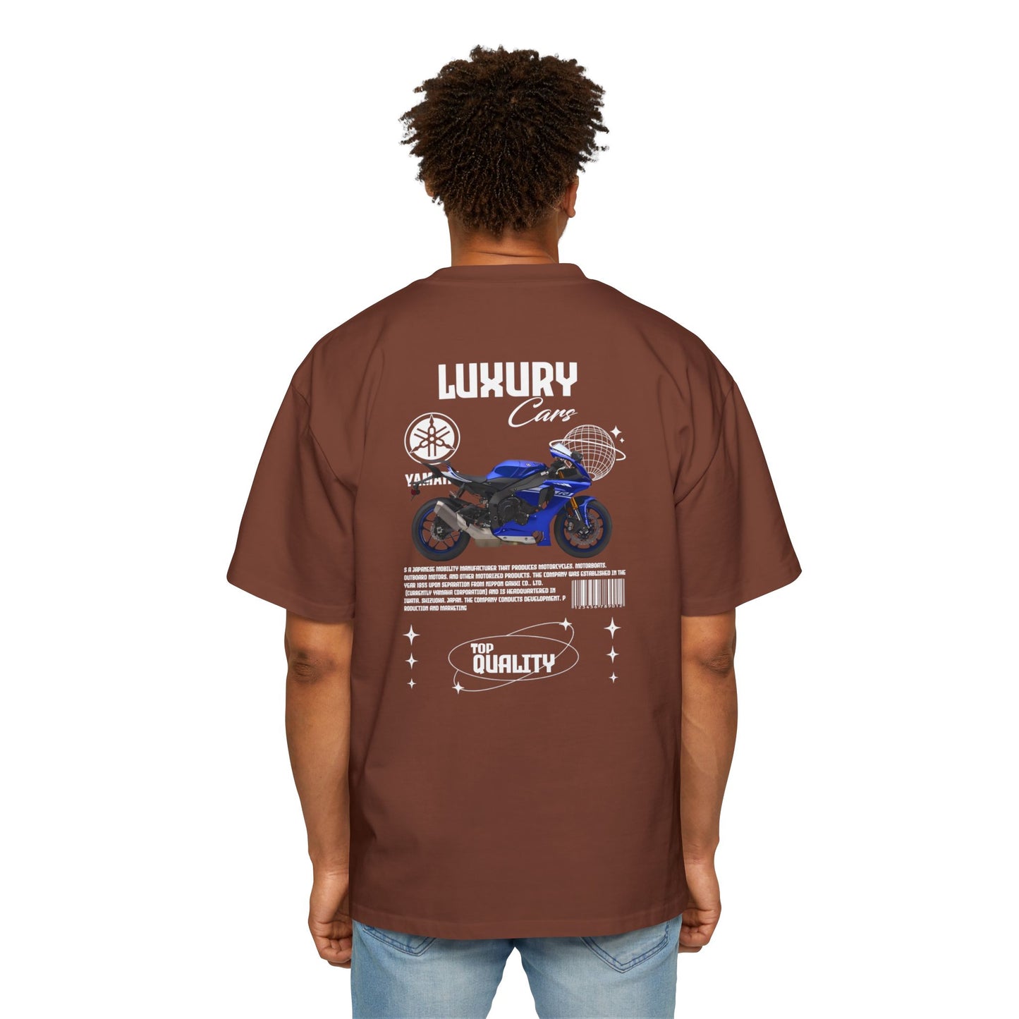 Blue Yamaha motorcycle "LUXURY Cars" and "TOP QUALITY Oversized T-Shirt